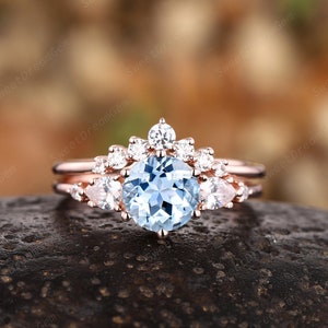 Vintage Round Cut Aquamarine Engagement Ring Set Unique Aquamarine Promise Ring Art Deco Pear Moissanite Wedding Set Bridal Set Wedding Ring