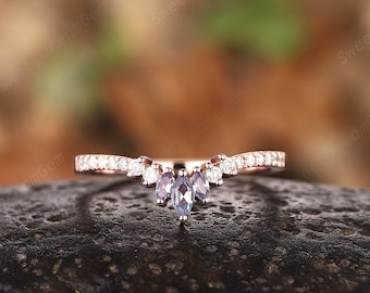 Vintage Marquise Alexandrite Curved Wedding Band, 14K Rose Gold Alexandrite wedding Ring Matching Band, Stackable Anniversary Rings Gift