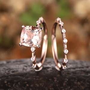 Cushion Cut Pink Morganite Engagement Ring Set, Custom 14K Gold Morganite Anniversary Rings for Women Gifts,  Half Eternity Promise Rings