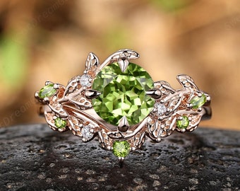 Round Peridot Engagement Ring Set 14k Rose Gold Leaf Floral Nature Inspired Promise Rings For Women Vintage Green Peridot Wedding Ring Gifts