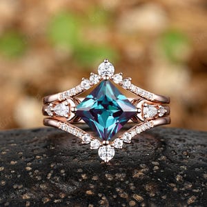 Princess Cut Alexandrite Engagement Ring Set Custom Moon Star Anniversary Rings Gifts Moissanite Enhancer Wedding Promise Rings For Women