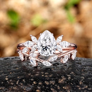 Custom Pear Shape Moissanite Engagement Ring Set, 14k Gold Moissanite Cluster Promise Rings For Women, Leaf Anniversary Wedding Ring Gifts