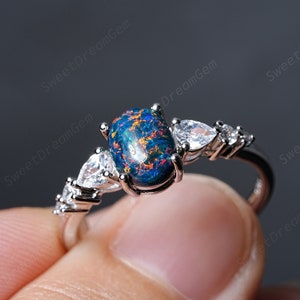 Vintage Black Opal Engagement Ring Set 14k White Gold Oval Black Fire Opal Promise Ring Custom Pear Moissanite Wedding Rings For Women Gifts