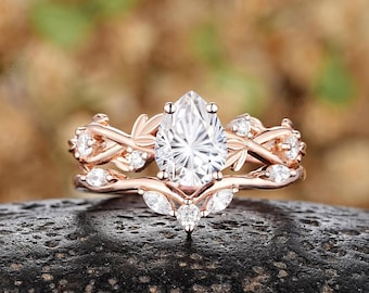 Pear Fireworks Cut Moissanite Engagement Rings Set Leaf Nature Inspired Wedding Rings For Women 14k Rose Gold Anniversary Rings Gift For Her
