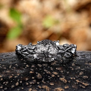 Round Black Rutilated Quartz Engagement Ring Gothic Black Gold Leaf Wedding Rings For Women Unique Black Quartz Nature Inspired Promise Ring