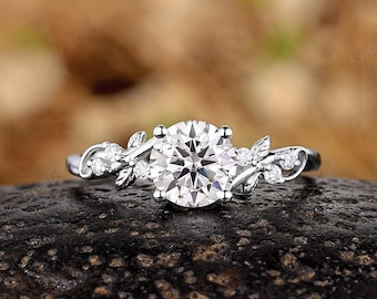 Vintage Round Moissanite Engagement Ring, Dainty White Gold Moissanite Wedding Ring, Nature Leaf Twisted Anniversary Promise Rings For Women
