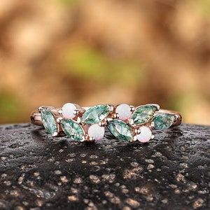 Vintage Natural Marquise Moss Agate Wedding Band Art Deco Round Opal Wedding Ring 14k Gold Promise Rings For Women Custom Stacking Ring Gift