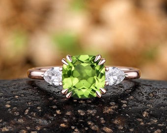 Cushion Cut Peridot Engagement Ring Minimalist Three Stone