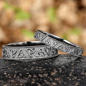 Vintage Celtic Knot Couple Rings Set, Black Gold Full Eternity Wedding Rings For Women And Men, Gothic Personalized Mens Ring Wedding Bands