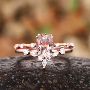 Vintage Oval Cut Pink Morganite Engagement Ring Set, Unique Morganite Promise Ring Morganite Hidden Halo Wedding Set Bridal Set Wedding Ring