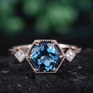 Vintage London Blue Topaz Engagement Ring, 14K Rose Gold Round Cut Topaz Wedding Ring, Unique November Birthstone Promise Anniversary Ring