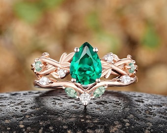 Vintage Emerald Leaf Wedding Ring Set 14k Rose Gold Nature Inspired Promise Ring Natural Moss Agate Wedding Band Anniversary Rings For Women