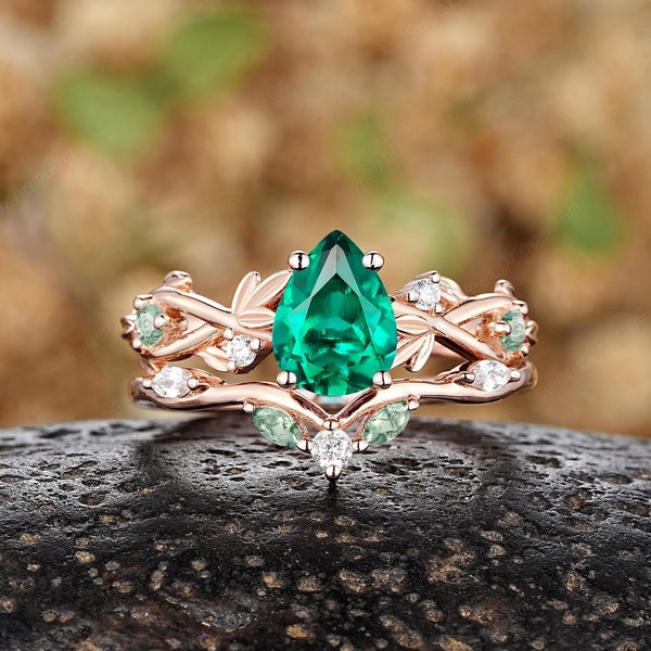 Vintage Emerald Leaf Wedding Ring Set 14k Rose Gold Nature Inspired Promise Ring Natural Moss Agate Wedding Band Anniversary Rings For Women