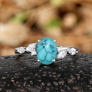 Antique Oval Shape Turquoise Engagement Ring White Gold Moissanite Cluster Promise Ring For Women Custom Western Anniversary Rings For Women