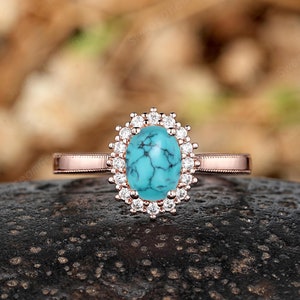 Oval Turquoise Engagement Ring Vintage Moissanite Halo Wedding Ring 14k Rose Gold Milgrain Anniversary Rings For Women Western Promise Rings