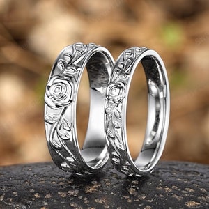 Vintage White Gold Rose Flower Couple Ring Set Leaf Nature Inspired His And Her Wedding Rings Unique Mens Ring Wedding Band Anniversary Ring