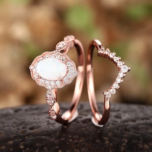 Oval Shape White Opal and Diamond Engagement Ring Set, 14K Rose Gold Opal Wedding Ring, Floral Opal Halo Promise Ring, Opal Bridal Set