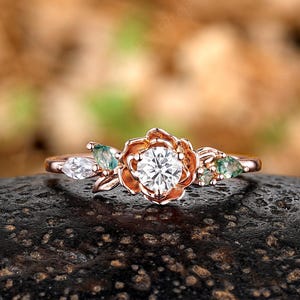 Rose Flower Moissanite Engagement Ring Moss Agate Cluster Wedding Ring June Birth Flower Anniversary Rings For Women 14k Gold Promise Rings