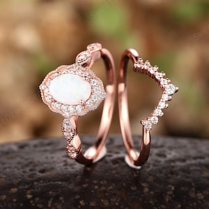 5x7mm Oval Shape White Opal Engagement Ring Set 14K Rose Gold Diamond Wedding Ring Custom Moissanite Floral Halo Promise Rings for Women