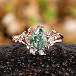 Perenmosagaat verlovingsring set 14k massief bladgoud op de natuur geïnspireerde jubileumringen voor vrouwen vintage moissanite belofte trouwring