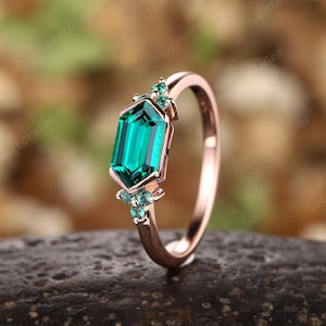 Unique Hexagon Emerald Engagement Ring, Vintage Rose Gold Emerald Cluster Promise Anniversary Ringa, May Birthstone Wedding Ring Jewelry