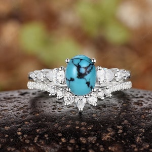 Oval Turquoise Engagement Ring Set 14k White Gold Wedding Ring Set Vintage Curved Moissanite Wedding Band Custom Turquoise Promise Rings