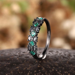 Square Emerald and Black Marquise Moissanite Engagement Ring, Black Promise Ring, Goth Anniversary Ring Matching Band, Black Wedding Band