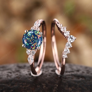 Round Black Opal Engagement Ring Set, 14k Rose Gold Blue Fire Opal Wedding Promise Rings, Black Opal Bridal Set Anniversary Rings for Women