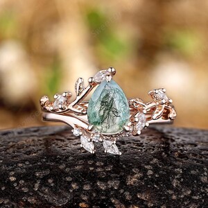 Pear Nature Moss Agate Engagement Ring Set Custom Leaf Floral Moissanite Wedding Ring 14k Gold Green Agate Anniversary Birth Rings For Women