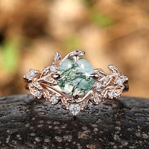 Round Natural Moss Agate Wedding Ring Set 14k Gold Leaf Floral Inspired Moissanite Anniversary Ring Green Agate Engagement Rings For Women