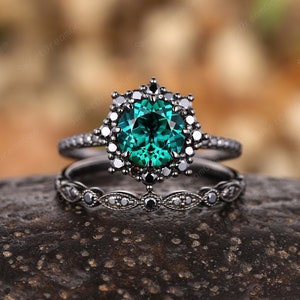 Vintage Black Gold Round Cut Emerald Engagement Ring Set, Unique Black Moissanite Floral Bridal Set, Rhodium Black Dark Promise Wedding Set