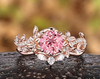 Round Floral Pink Sapphire Engagement Ring Set Nature Inspired Leaf Promise Rings For Women Branch Vine Bridal Set Moissanite Wedding Band