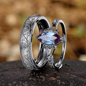 Gothic Black Gold Couple Ring Set Alexandrite Anniversary Rings For Women And Men Leaf His And Hers Wedding Bands Split Mens Stacking Ring