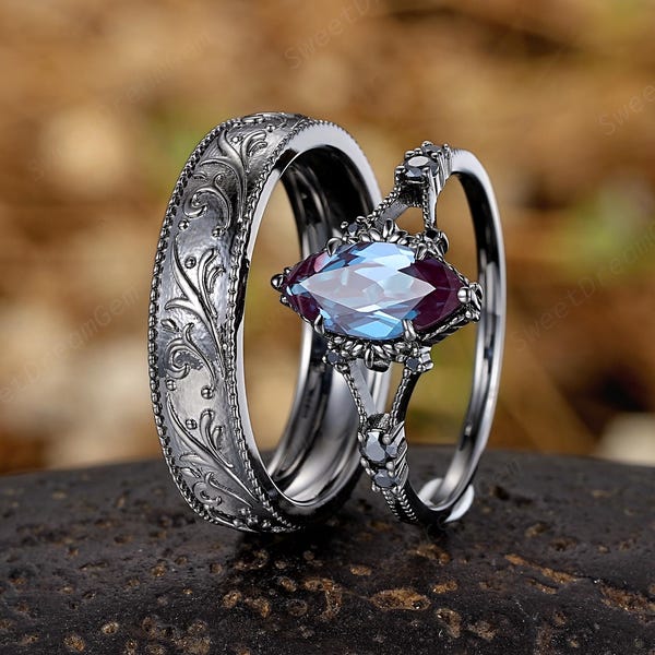 Gothic Black Gold Couple Ring Set Alexandrite Anniversary Rings For Women And Men Leaf His And Hers Wedding Bands Split Mens Stacking Ring