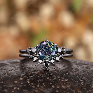 Gothic Round Shape Black Opal Engagement Ring Set, Witchy Black Opal Bridal Set, Black Moissanite Wedding Ring, Black Promise Ring Gift