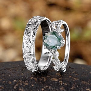 Vintage White Gold Couple Ring Set Leaf Branch His And Hers Wedding Band Stacking Ring Custom Moss Agate Wedding Rings For Women And Men