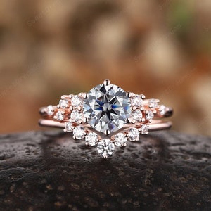 Vintage Round Gray Moissanite Engagement Ring Set, 14K Rose Gold Pear Moissanite Promise Ring Set, Grey Moissanite Wedding Ring Bridal Set