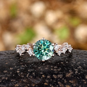 7mm Unique Round Green Moissanite Engagement Ring 14k Rose Gold Moissanite Cluster Wedding Rings Vintage Anniversary Promise Rings For Women