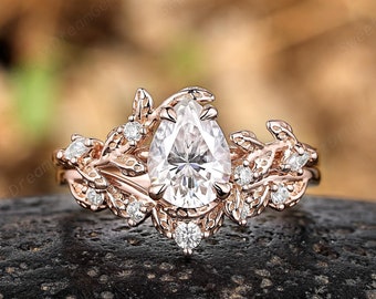 Pear Moissanite Engagement Ring Set Custom Nature Inspired Leaf Floral Wedding Ring 14k Gold Moissanite Diamond Anniversary Rings For Women