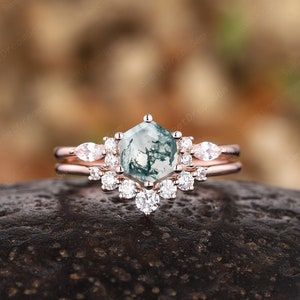 Vintage Hexagon Cut Moss Agate Engagement Ring Set, Unique Moss Agate Bridal Wedding Ring Set Promise Rings for Women Gold Anniversary Rings