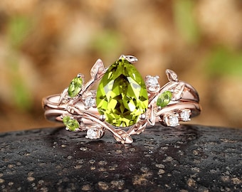 Vintage Pear Shaped Peridot Engagement Ring Set, Solid Gold Leaf Branch Wedding Rings For Women, Custom Promise Ring Moissanite Wedding Band