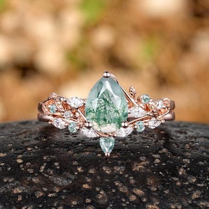 Pear Nature Moss Agate Engagement Ring Set 14k Gold Leaf Floral Moissanite Wedding Rings For Women Custom Promise Anniversary Ring Gifts