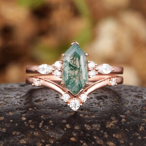 Vintage Hexagon Moosachat Verlobungsring Set, einzigartige 14K Rose Gold Schild geschnitten Moosachat Versprechen Ring, Hochzeitsset Jubiläum Ring Geschenk