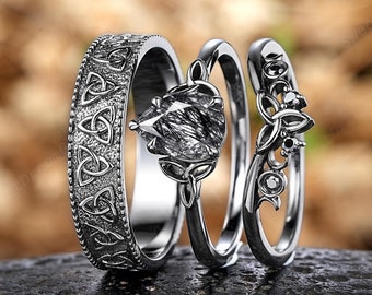 CTHY「ELLIPSE RING by Silver925」 2連15号 Pear Black Rutilated Quartz Couple Rings Set, Antique Celtic Knot