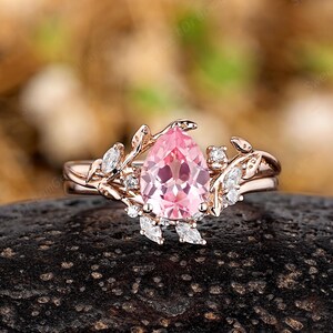 Pink Sapphire Engagement Ring Set 14k Gold Leaf Branch Nature Inspired Wedding Rings For Women Vintage Moissanite Anniversary Promise Rings