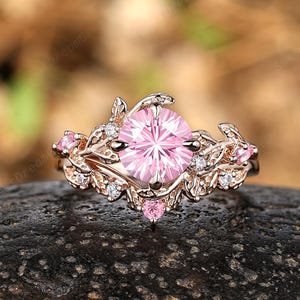 Round Fireworks Cut Pink Sapphire Engagement Ring Set 14k Gold Leaf Branch Nature Inspired Wedding Ring Peach Sapphire Rings For Women Gifts