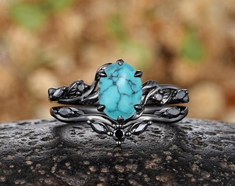 Unique Black Gold Oval Turquoise Engagement Rings Set Nature