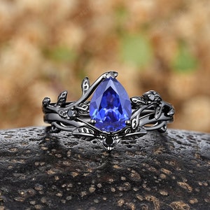 Dainty Pear Blue Sapphire Engagement Ring Black Gold Nature Inspired Leaf Floral Wedding Rings Gothic Wedding Band Anniversary Promise Ring
