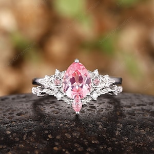 Vintage Pear Shaped Pink Sapphire Engagement Ring Set, White Gold Leaf Floral Wedding Rings, Peach Sapphire Nature Inspired Rings For Women