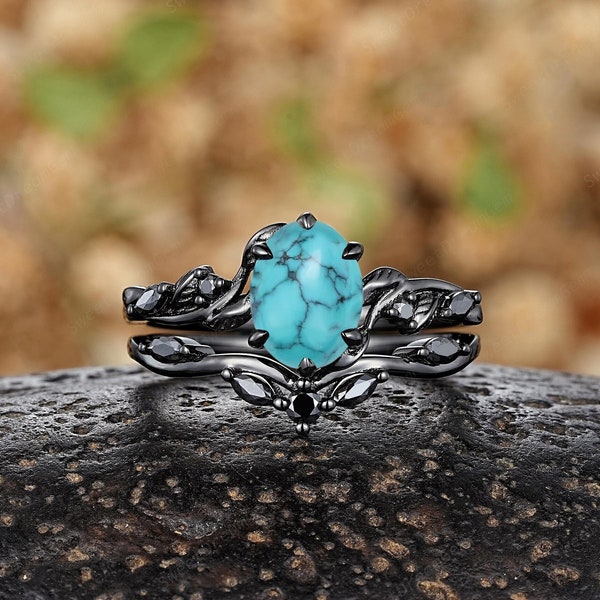 Unique Black Gold Oval Turquoise Engagement Rings Set Nature Inspired Leaf Wedding Ring Antique Turquoise Western Promise Rings For Women